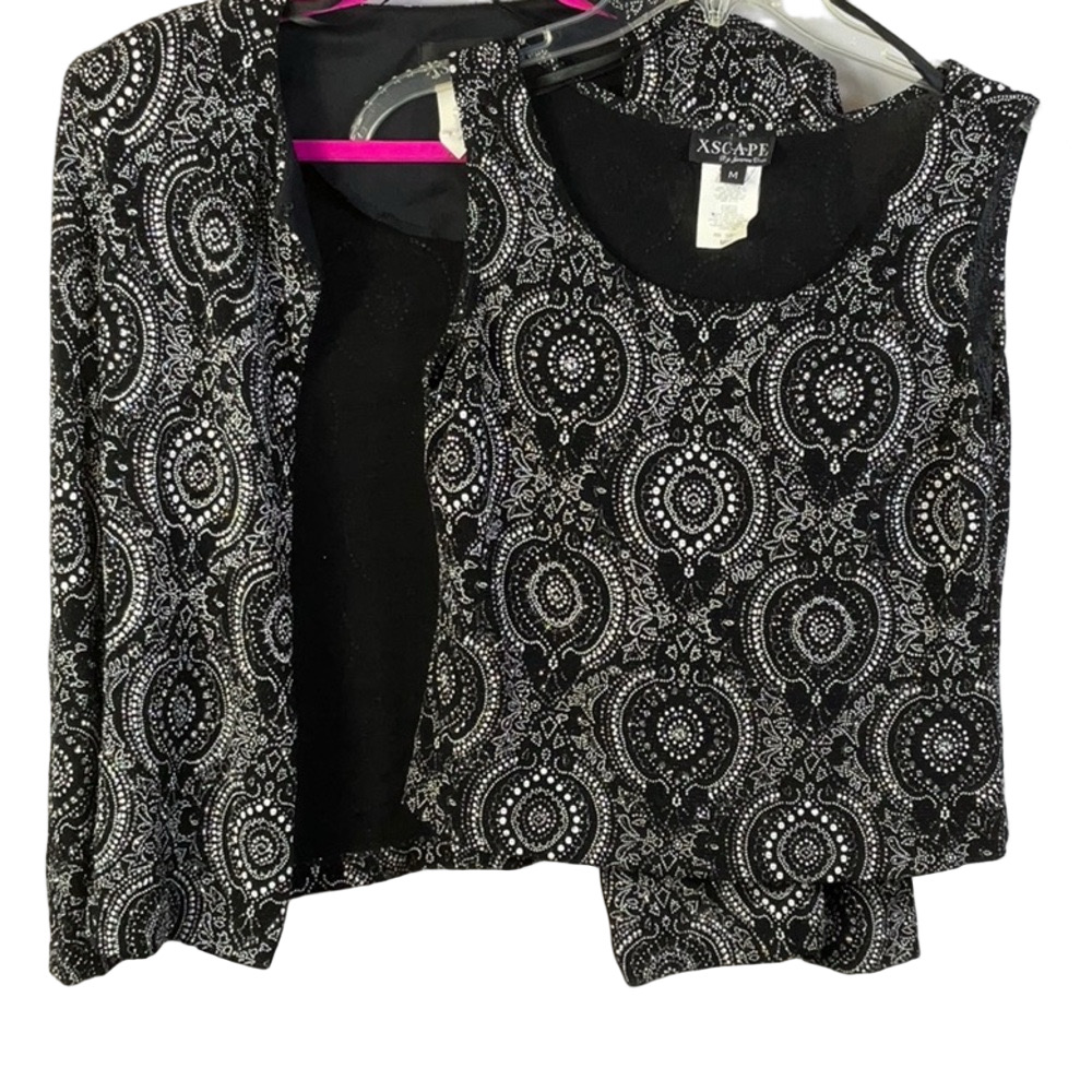 XScape by Joanna Chen Two Piece Sequin Jacket Set Black With Shoulder PadsMedium